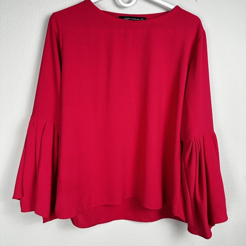 Zara Top Medium Pink Blouse Ruffle Pleated‎ Bell Sleeves Workwear Career